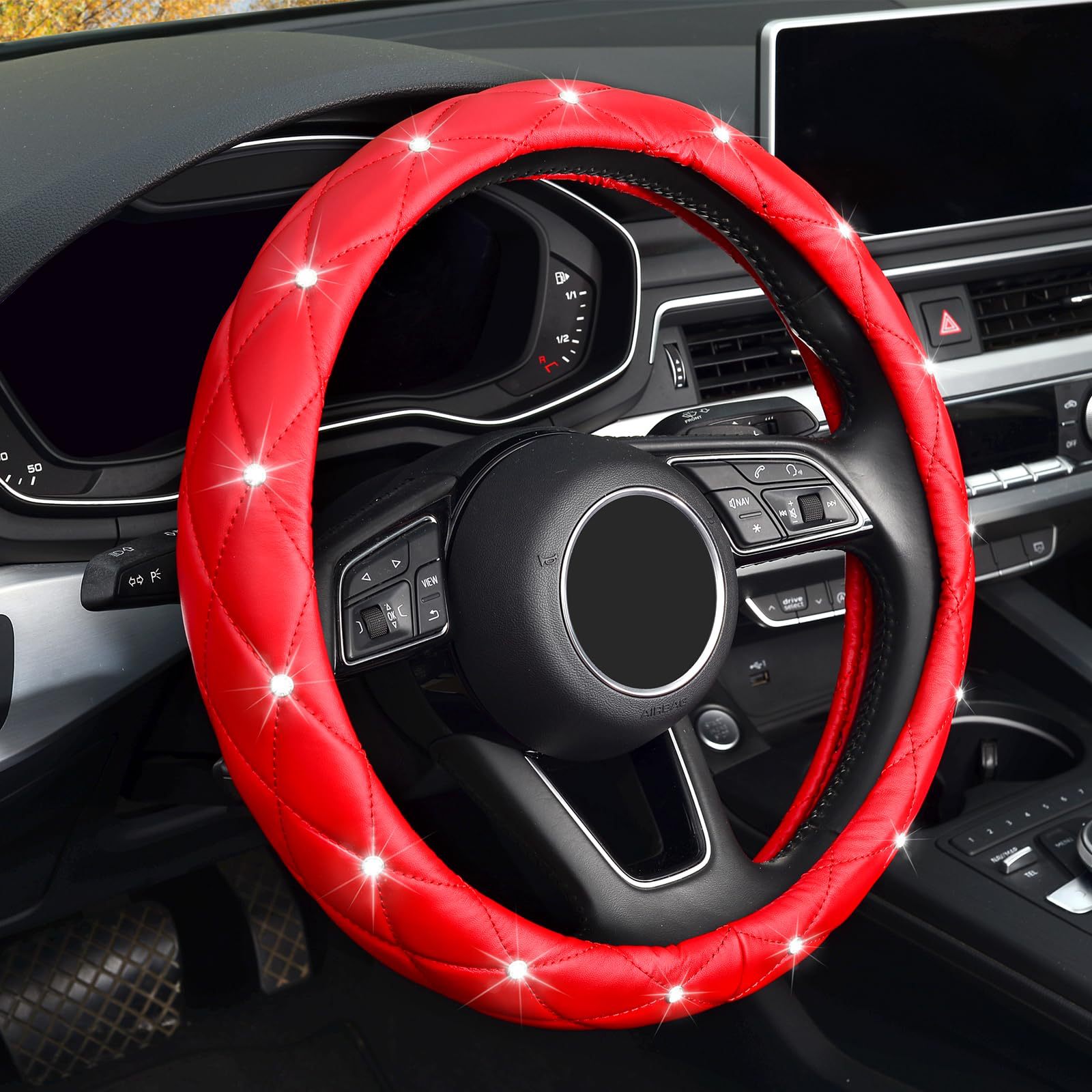 Factory Direct Sales Amazon Car Diamond-Studded Steering Wheel Cover, Universal for All Seasons, Soft Leather Anti-Slip Rhinestone Handle Cover