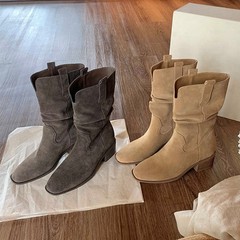 巨好看韩系尖头V口堆堆靴短靴女粗跟棕色靴子显瘦增高西部骑士靴