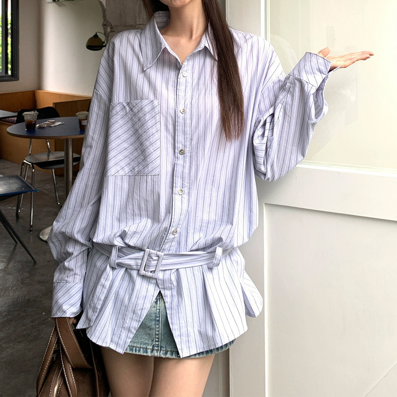 蓝色衬衫女秋季外套法式上衣高级独特别致长袖宽松条纹衬衣2025秋|undefined