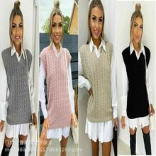 2021亚马逊跨境毛衣厂直供 春夏款马甲复古扭绳套头衫V领无袖女装