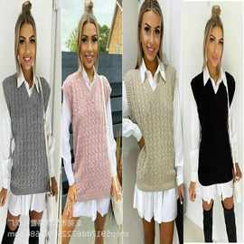 2021亚马逊跨境毛衣厂直供 春夏款马甲复古扭绳套头衫V领无袖女装