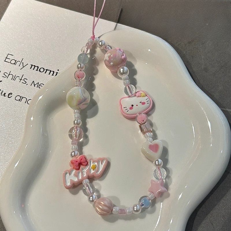 Cartoon beaded cat pink hand-painted cute mobile phone charm CCD anti-loss camera rope decoration