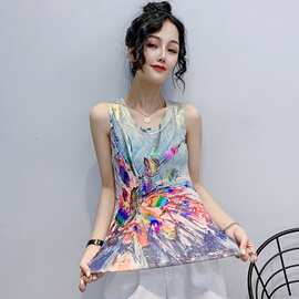 东南亚2025夏装新款时尚炒色烫金印花背心无袖打底衫T恤女代发