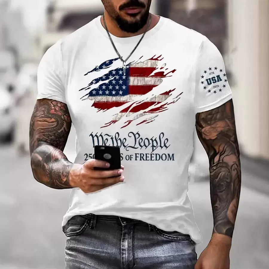 2026欧美跨境新款亚马逊独立站男装t恤夏季数码印花男士国旗短袖