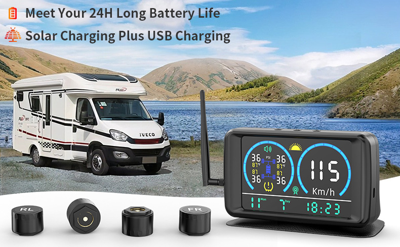 Cross-Border Tire Pressure Monitor with Time, Temperature, Smart Digital Display, Solar Power, Speed Sensor for Cars and Trucks