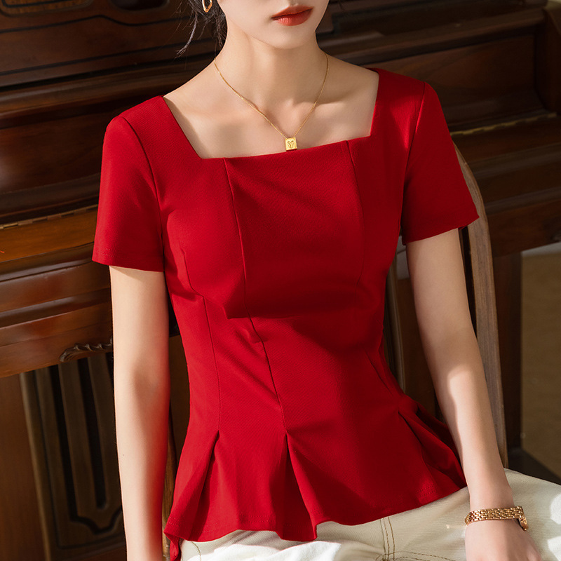 Camiseta de manga corta para mujer verano 2023 nuevo cuello cuadrado retro de las mujeres Camiseta de algodón de color sólido francés paraguas cintura-top apretado