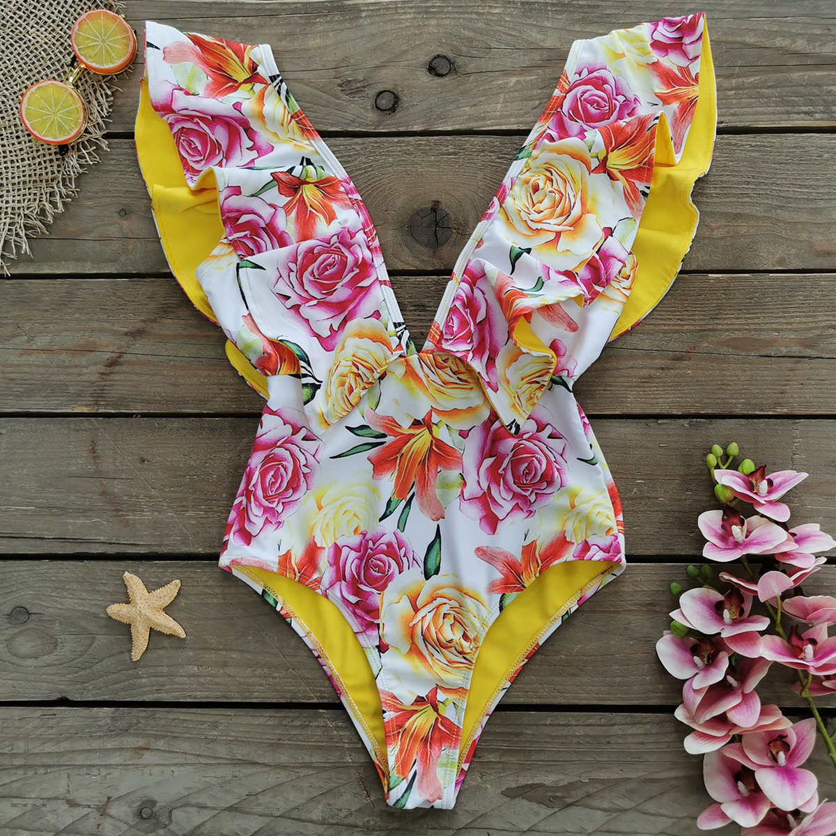 291g Weight Sleeveless Sleeve Length Polyester Fabric Type Short Top Length One-pieces Tops Type 1 Piece Quantity Swimming Occasion V Neck Neckline Slim Fit Type Flower Pattern Women's Gender Vacation Style Women's Vacation Flower 1 Piece One Piece Swimwear 23