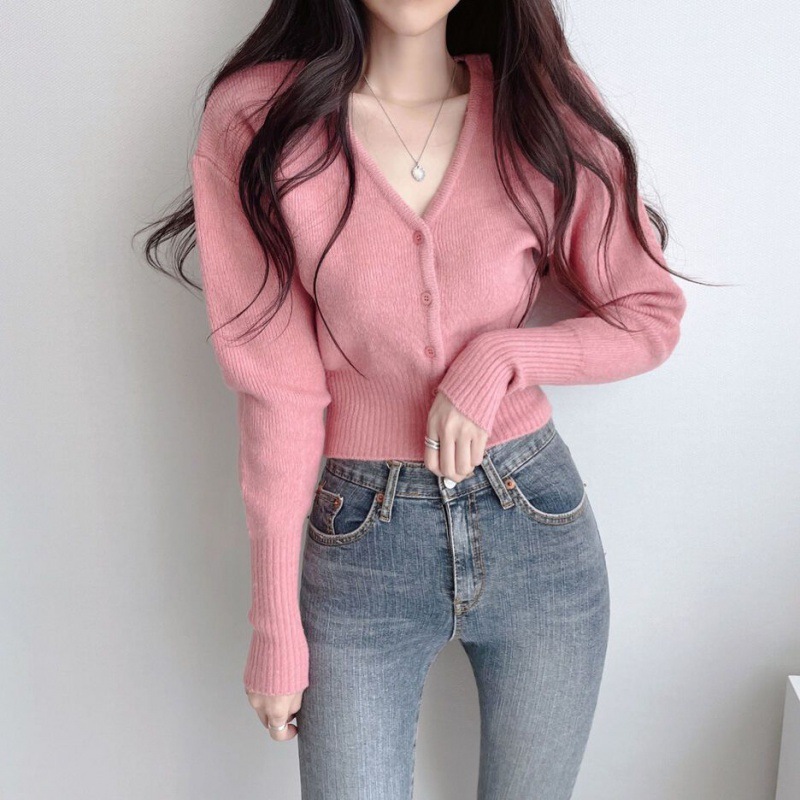 Women's Korean style autumn and winter new V-neck knitted cardigan jacket with temperament solid color versatile long-sleeved slim short sweater top_voghion.com