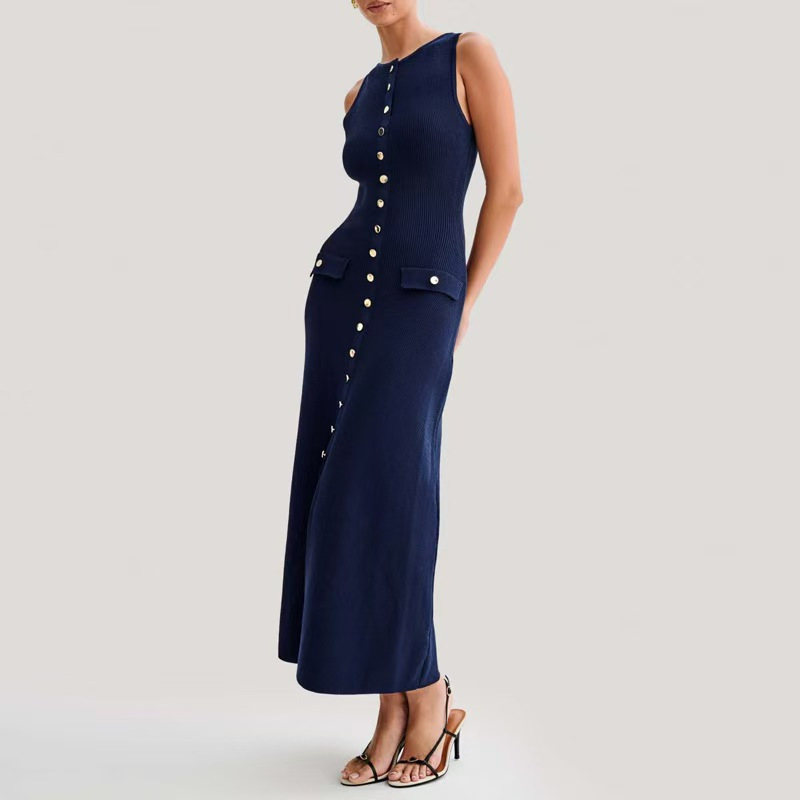 European and American Cross-border 2025 Summer New Round Neck Sleeveless Single-breasted High Waist Slim-fit Party Banquet Long dress