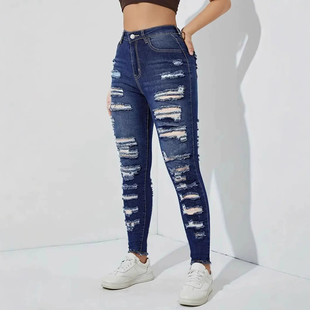 Женские облегающие джинсы с рваными краями и стрейчем в европейском и американском стиле