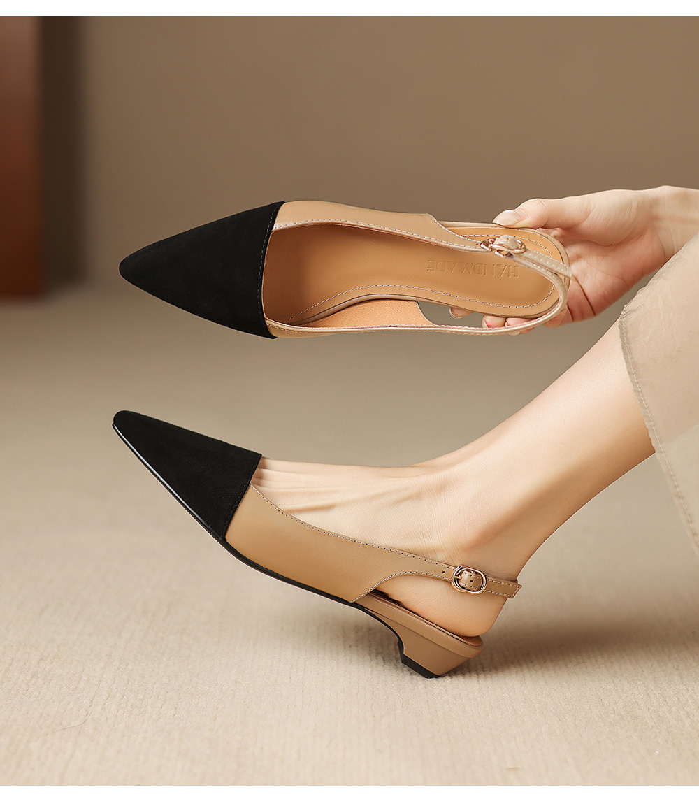 Sandal nữ gót thấp 2,5 cm mũi kín quai hậu phong cách tiểu hương — đen chi tiết 2
