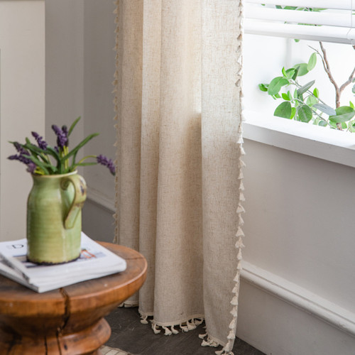 Le Xu Show Amazon Best Selling Semi-Darkening Bedroom Curtains, Ready-Made Polyester Linen Solid Color Simple Tassel Kitchen Curtain Wholesale
