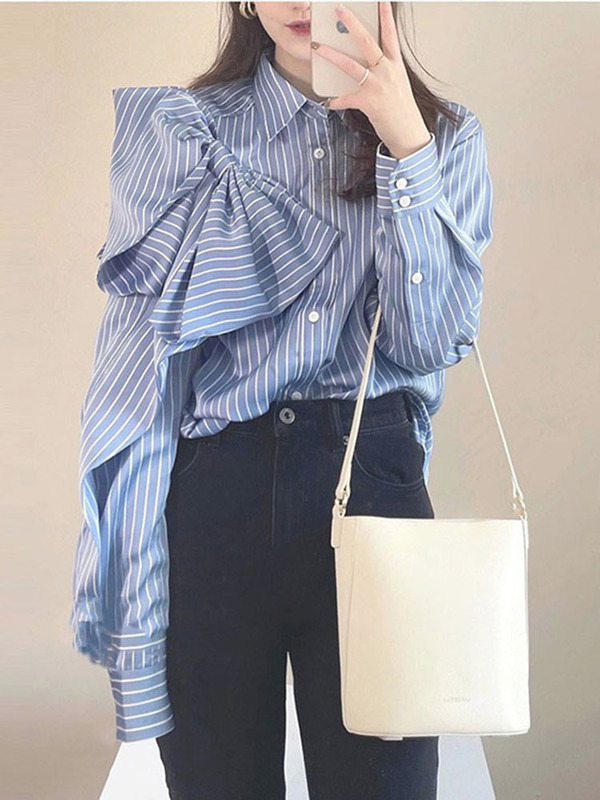Boyfriend Style Navy Striped Shirt for Women, Spring Factory Women's Blue Striped Shirt with a Stylish Bow Top