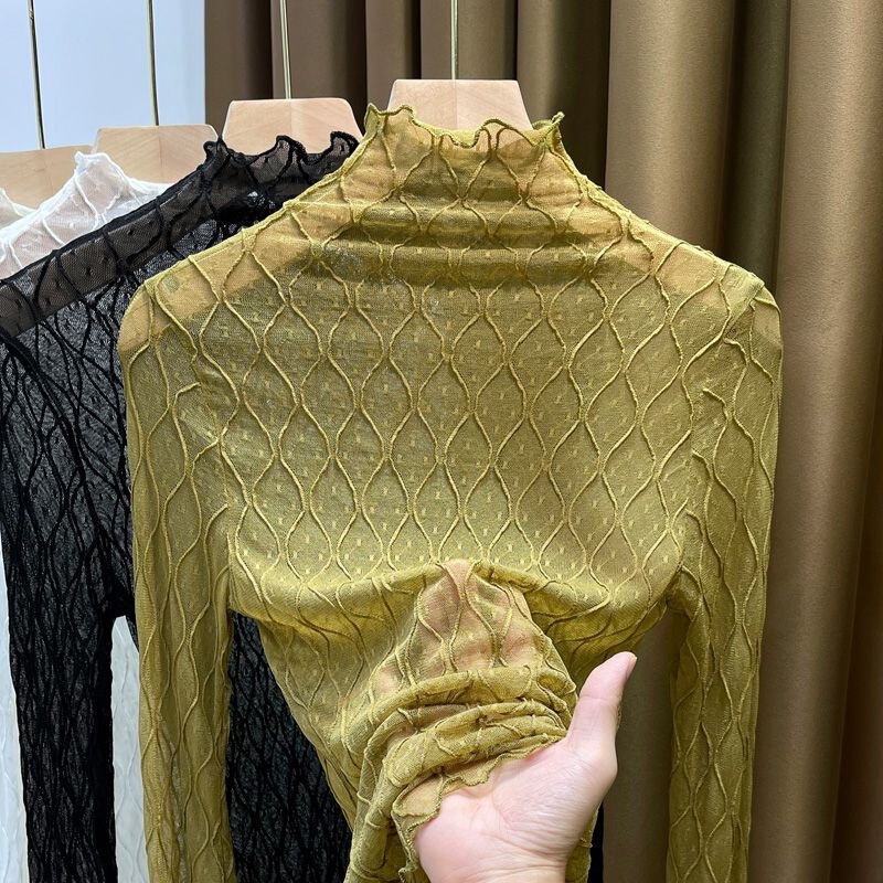 High-Neck Lace Inner Shirt for Women Autumn and Winter 2024 New Style Thin Gauze White Mesh Bottoming Shirt Long Sleeves