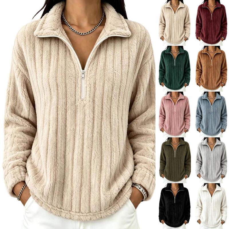 Cross-border Amazon European and American women's autumn and winter half-zip stand-collar plush top, loose casual long-sleeve warm sweatshirt