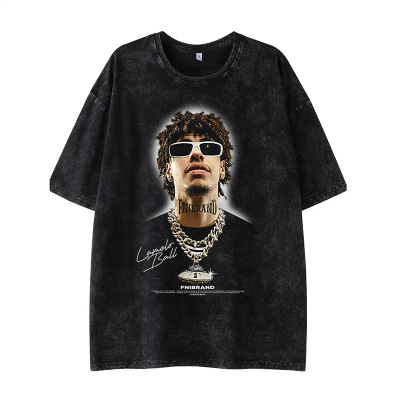 Three Ball Bauer American Style Retro Vintage Washed Print Short Sleeve Loose Casual Spring and Summer Trendy NBA Star T-Shirt Three Ball Bauer American Style Retro Vintage Washed Print Short Sleeve Loose Casual Spring and Summer Trendy NBA Star T-Shirt