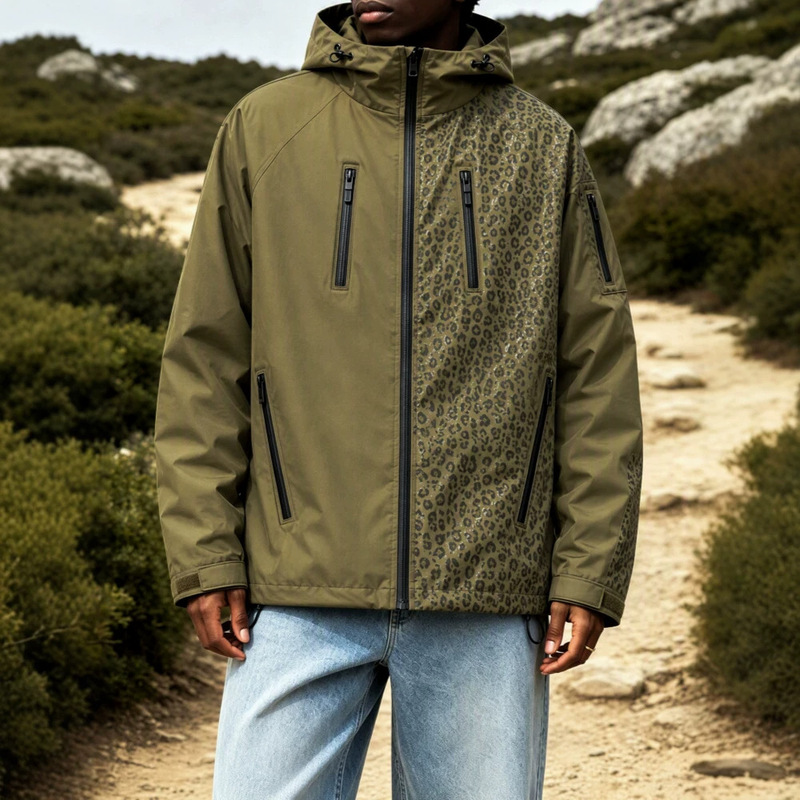 Water-reactive color-changing leopard print jacket for men, outdoor sports windbreaker, multi-pocket winter waterproof casual coat, foreign trade men's clothing Water-reactive color-changing leopard print jacket for men, outdoor sports windbreaker, multi-pocket winter waterproof casual coat, foreign trade men's clothing
