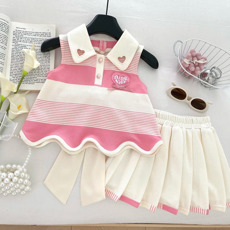 2025 New Girls Korean Style Summer Skirt Suit Sweet and Stylish Backless Bow Pleated Skirt Refreshing Two-Piece Set