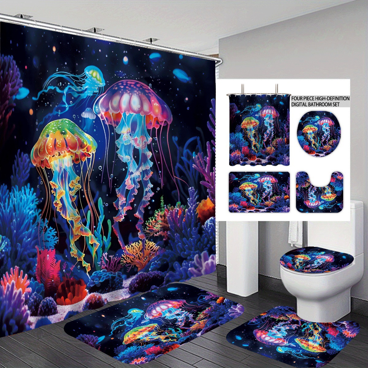 Temu cortina de baño impermeable personalizada serie de elementos marinos 3D impresión poliéster cortina de baño de cuatro piezas fábrica image 25