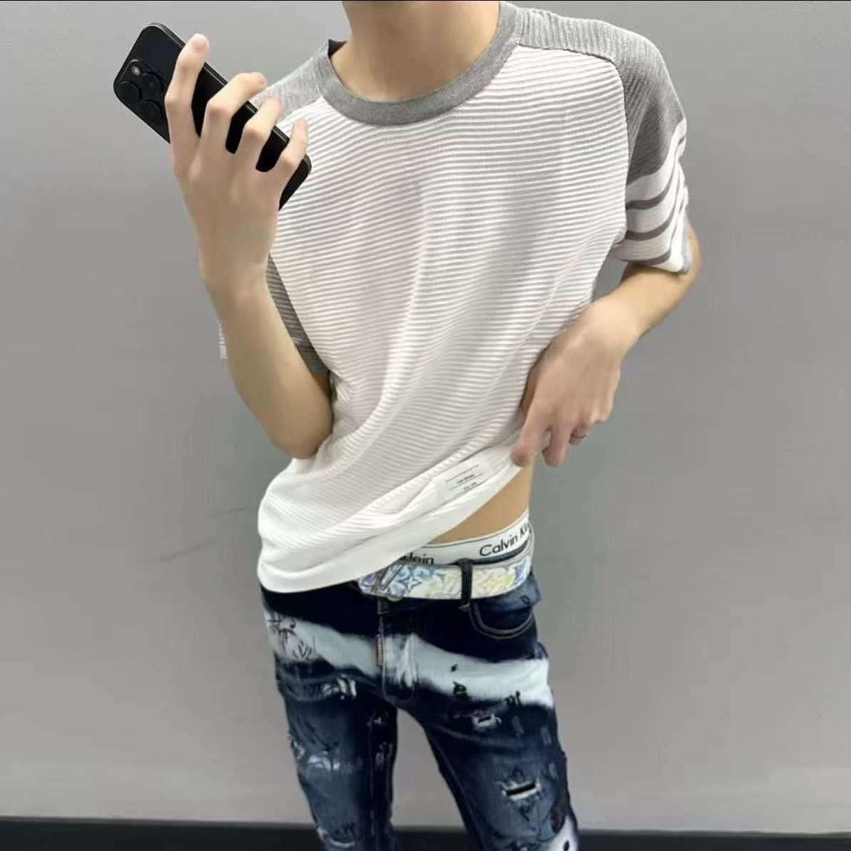 T-shirt de manga corta para hombres TB insertado rayas tricolores cuatro barras viejas líneas de hielo de verano fábrica transfronteriza al por mayor