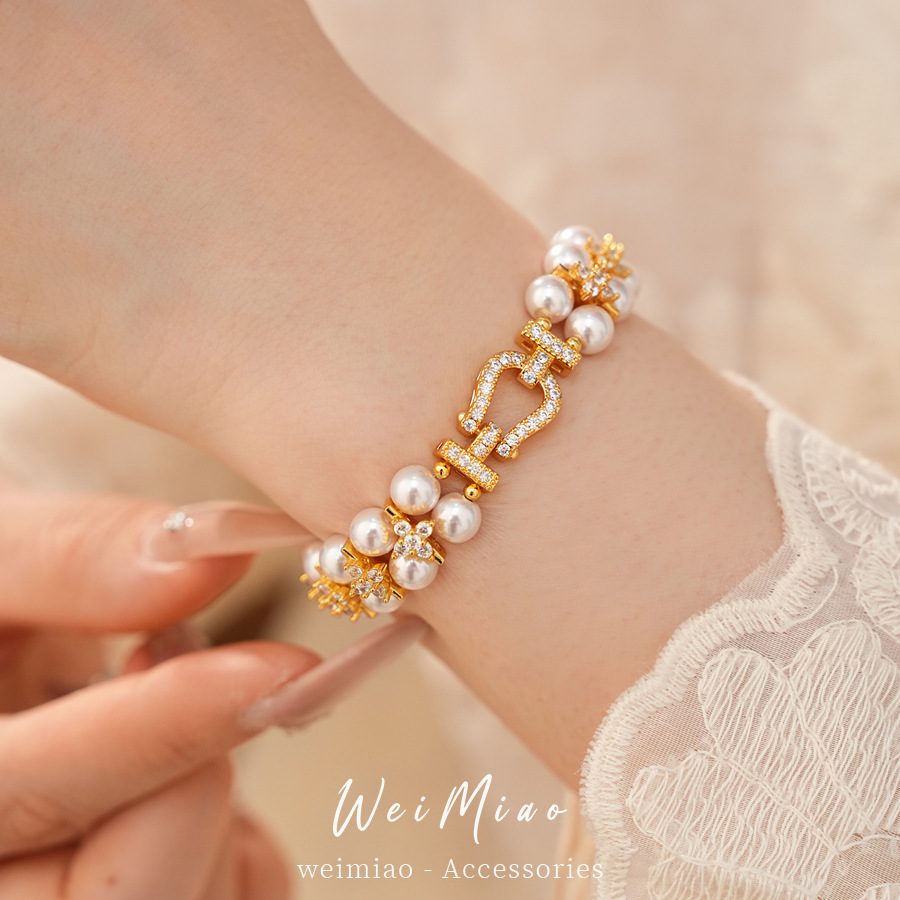 18 quilates de oro real, pulsera de perlas de diamante, pulsera ligera de lujo, pulsera de nicho, joyas de alta calidad para mujeres