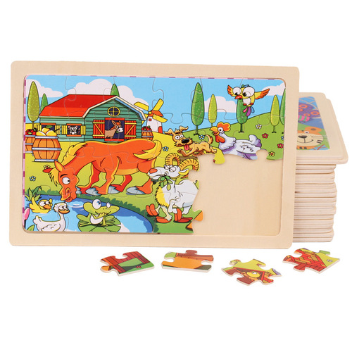 24-piece wooden puzzle with log frame, children's animal cartoon plane puzzle, early education educational wooden toy