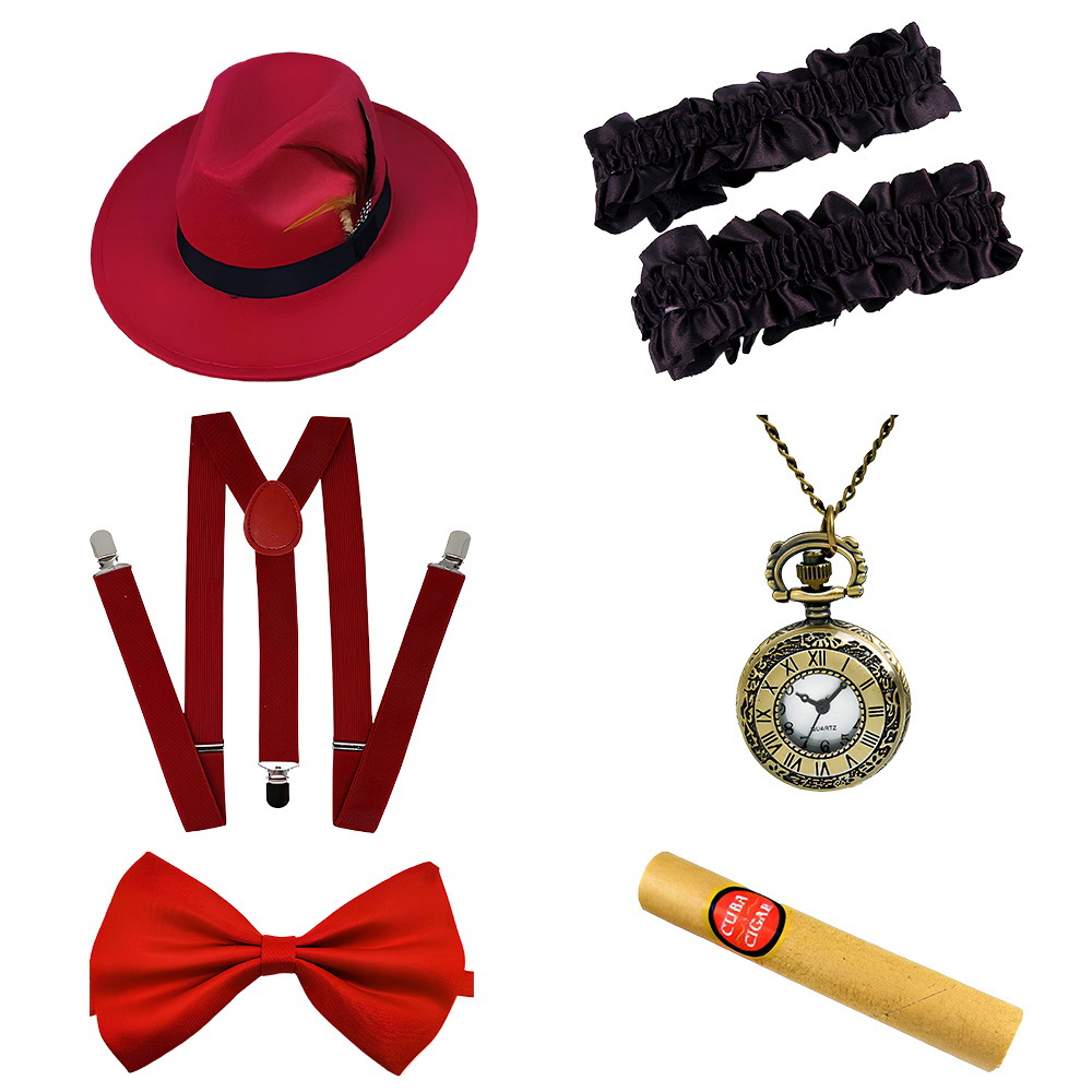 1920s Gatsby Party Dress Up Correa Reloj de bolsillo Barba falsa Traje Vestido de moda Sombrero de copa Corbata Años 20