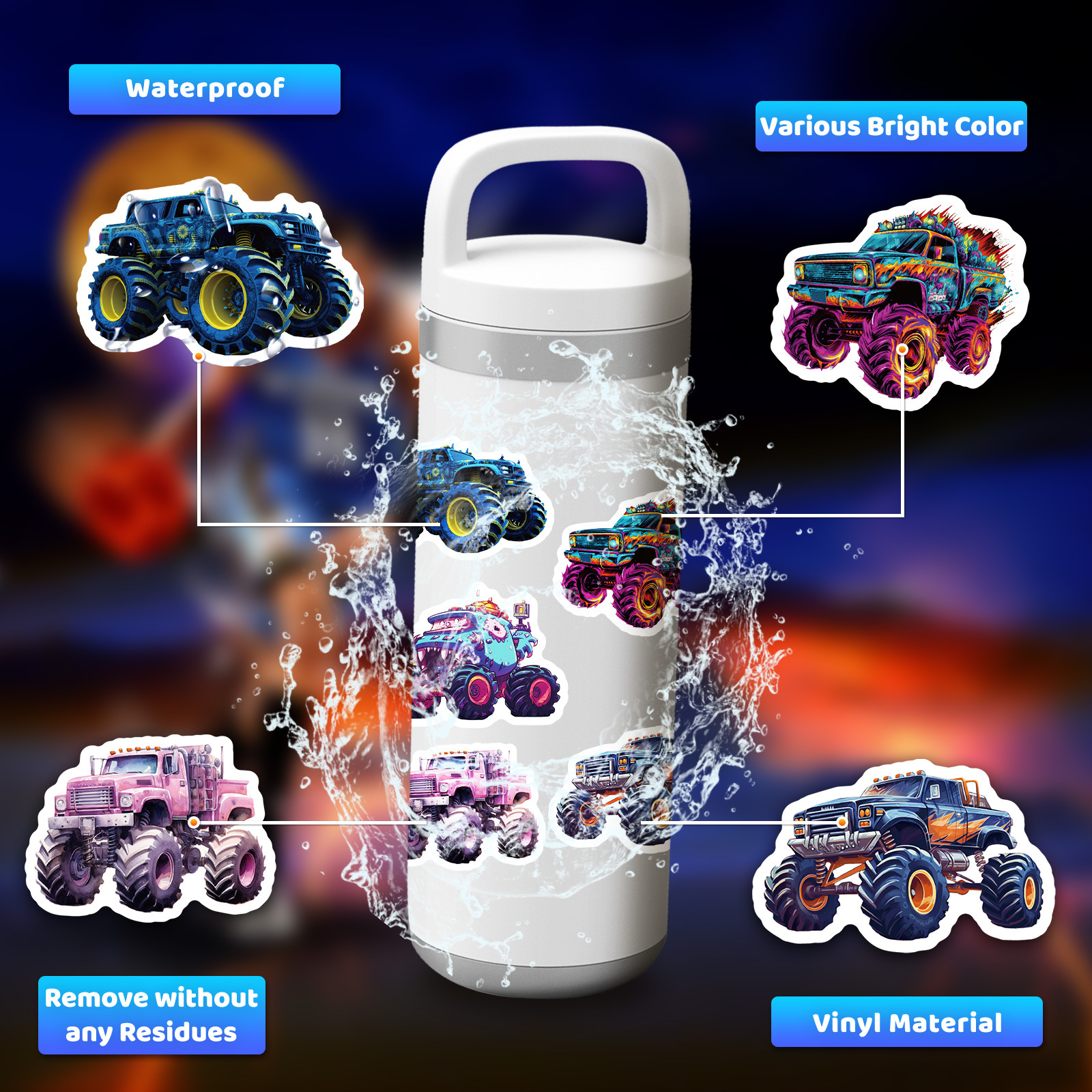 50 Pegatinas de Camiones Monstruo, Coches de Dibujos Animados, Camiones Bigfoot, Vehículos, Pegatinas Decorativas Geniales de Graffiti