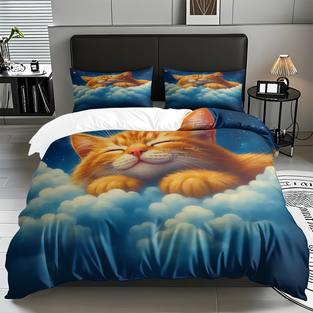 TEMU / JIT adorable gatito impresión digital suave set de colcha de edredón textil para el hogar se puede diseñar venta directa de fábrica