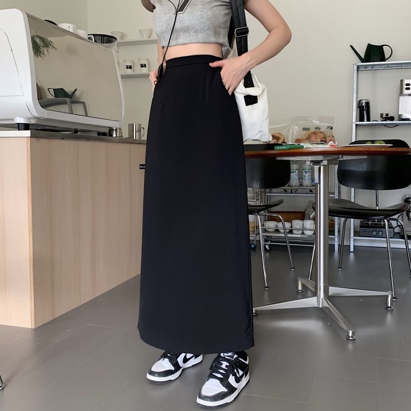 美拉德加厚毛呢开叉过膝高腰包臀半身裙女秋冬款小个中长款裙子潮|undefined