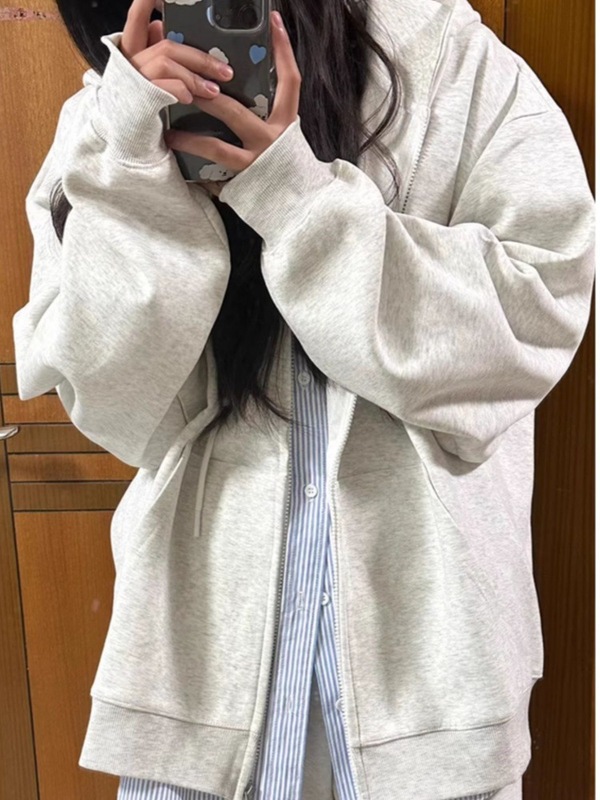 连帽卫衣外套女春秋季2025新款宽松遮肉显瘦浅灰色小个子运动开衫|undefined