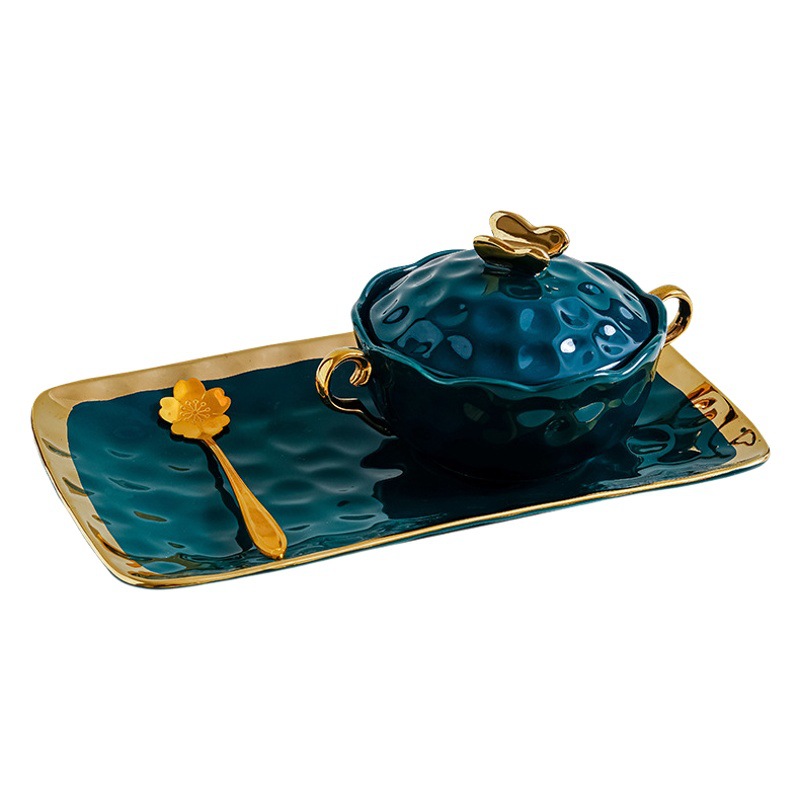 Cuenco de postre de agua de azúcar de cerámica set hogar Nido de Pájaro estofado tazón de sopa Internet celebridad una persona comida doble oreja tazón con tapa tazón de desayuno