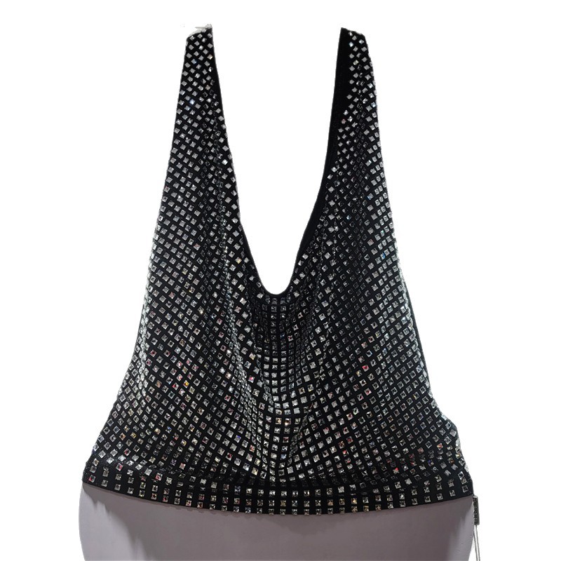 Top de Tirantes con Cuello Halter de Poliéster y Pedrería Plisado para Primavera y Verano
