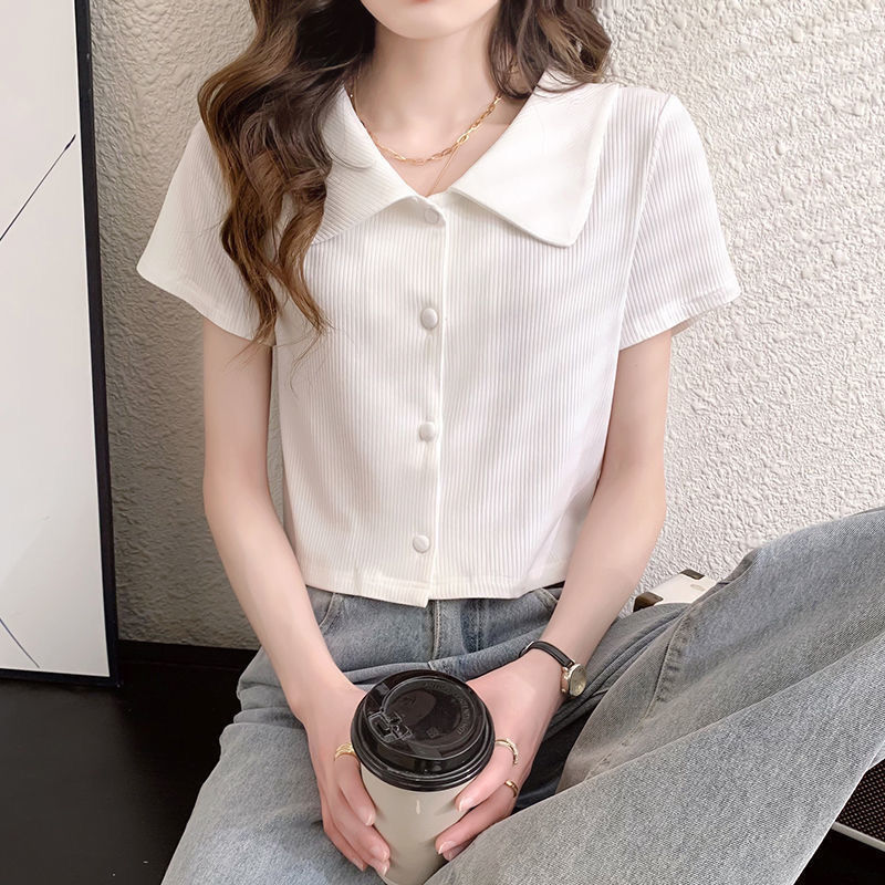 Shoulder Short-sleeved T-shirt Women's 2025 Summer New Design Sense Niche Fresh Style Doll Collar All-match Short Top