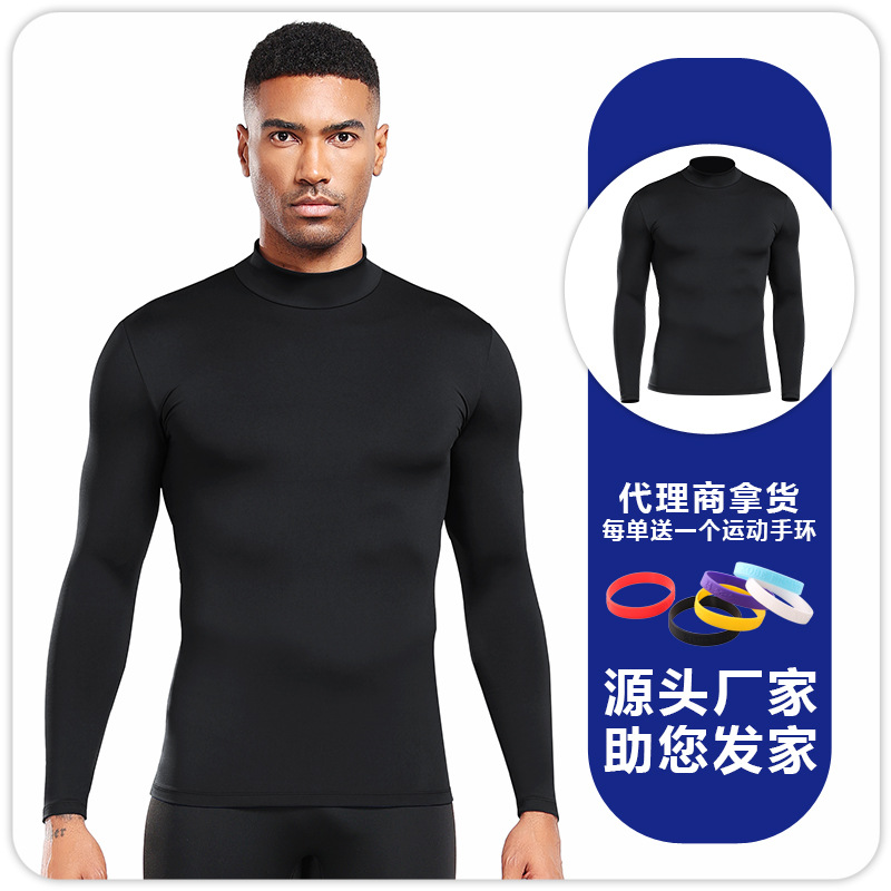 B5024 hombre de manga larga ajustado de cuello de media altura deportes de yoga correr maratón camisa de calentamiento camisa de base trajes de gimnasio