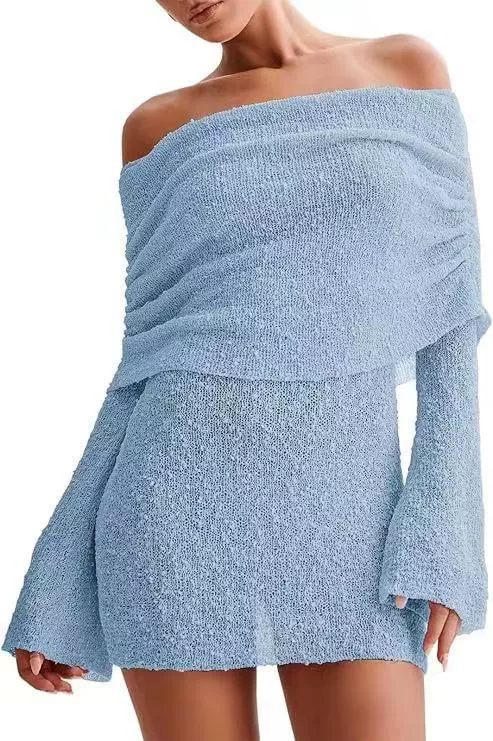 Вязаное короткое пляжное платье для женщин, открытые плечи, длин sleeves, европейский стиль, сексуальное мини