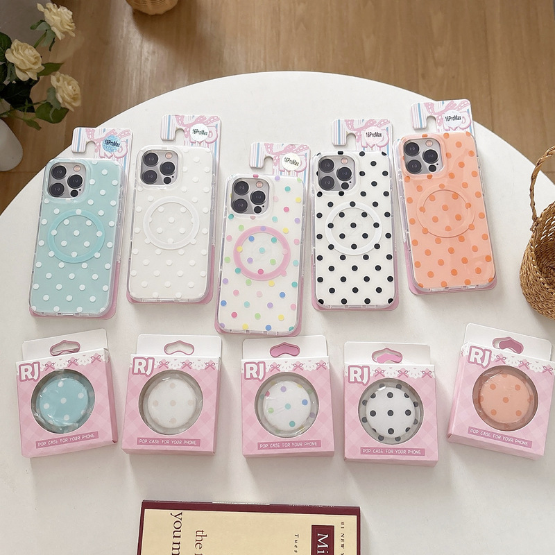 适用iPhone16promax黑白波点手机壳苹果15彩虹撞色磁吸壳气囊支架|undefined