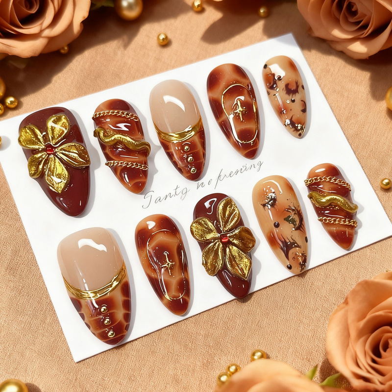 3D Embossed Gold-Plated Flower Nail Stickers Press-On Manicure European and American Cross-Border Handmade Wearable Nails New Autumn/Winter Nail Pieces 3D Embossed Gold-Plated Flower Nail Stickers Press-On Manicure European and American Cross-Border Handmade Wearable Nails New Autumn/Winter Nail Pieces