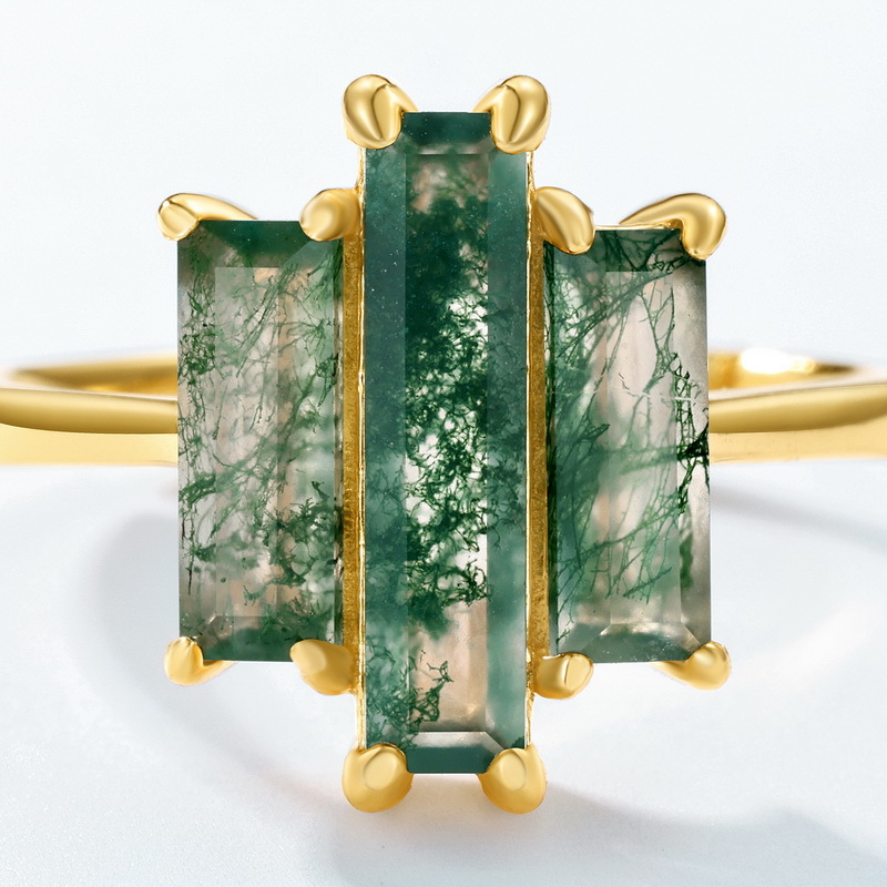 Comercio exterior de Amazon exclusivamente para personalidad exagerada, anillo de dedo alimentador de piedra de musgo verde natural S925 anillo de ágata de hierba con incrustaciones de plata