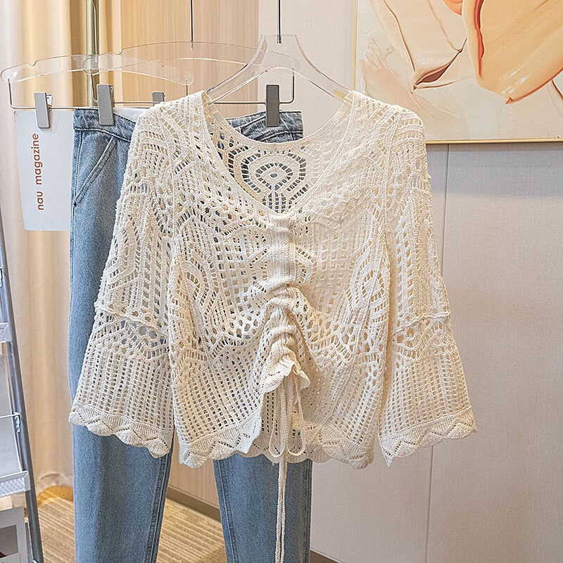 New Style Crochet Hollow Knit Sweater for Women, Summer Outerwear, V-Neck Design, Niche Short Sun-Protective Top with Drawstring Cover-Up New Style Crochet Hollow Knit Sweater for Women, Summer Outerwear, V-Neck Design, Niche Short Sun-Protective Top with Drawstring Cover-Up