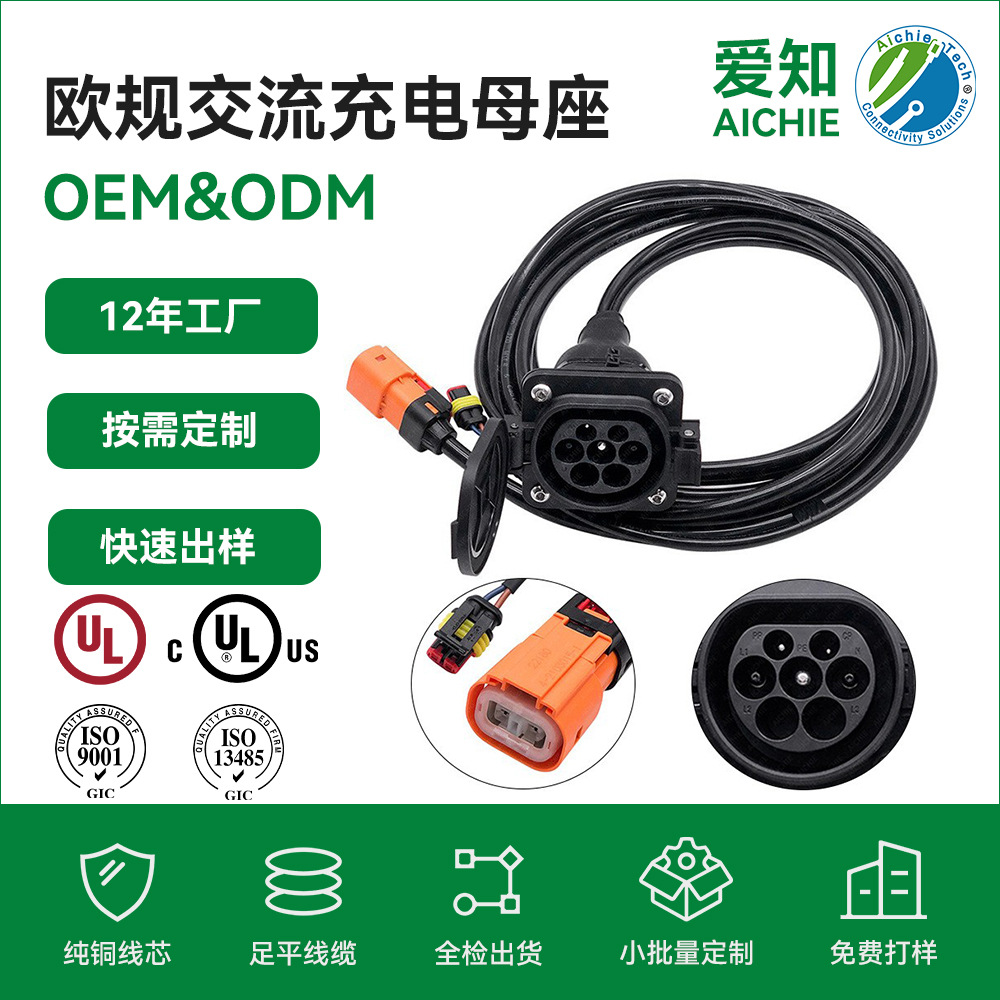 定制16A欧规慢充交流母座线新能源车身充电枪充电口线束加工