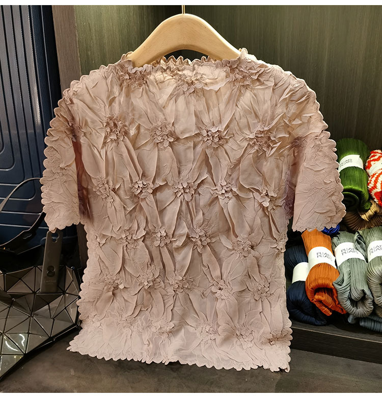 Áo thun nữ tay ngắn cổ tròn chất liệu cotton dập nổi hoa văn nổi cao cấp — Màu đen, Màu đào, Màu trắng, Màu xám chi tiết 20