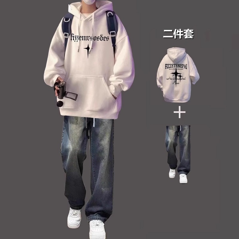 酒红色连帽卫衣新年套装秋冬痞帅港风男装学生潮流一套搭配牛仔裤|undefined