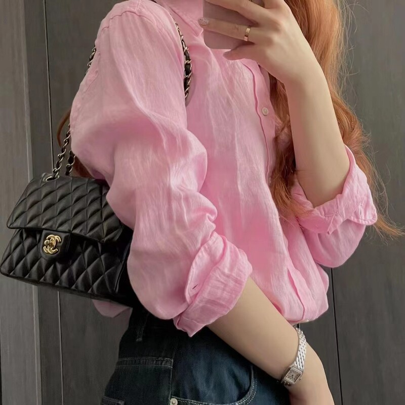 RL Raff Horse Pony Embroidered Powder Top Spring and Summer New Linen Long Sleeve Loose Niche Sunscreen Shirt