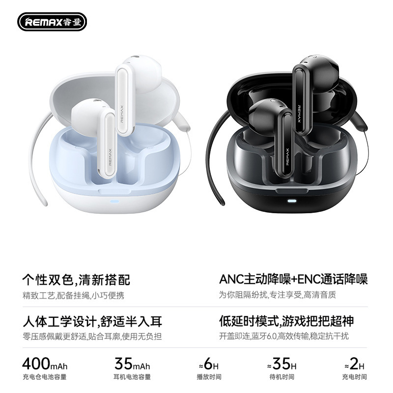 remax睿量2025新款半入耳ANC+ENC降噪真无线立体音音乐通话耳机|undefined