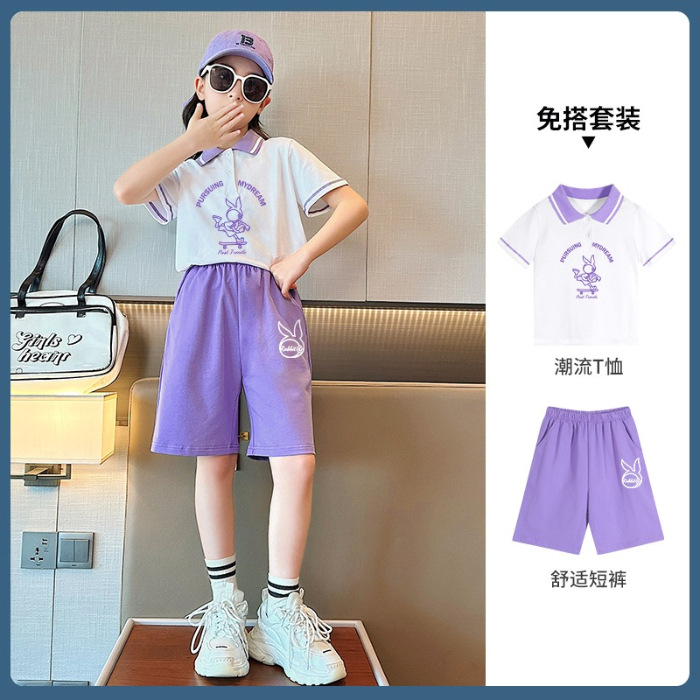 Traje de verano para niñas 2024 Nueva Camiseta de manga corta de dibujos animados de celebridades en línea pantalones cortos sueltos casuales conjunto de dos piezas