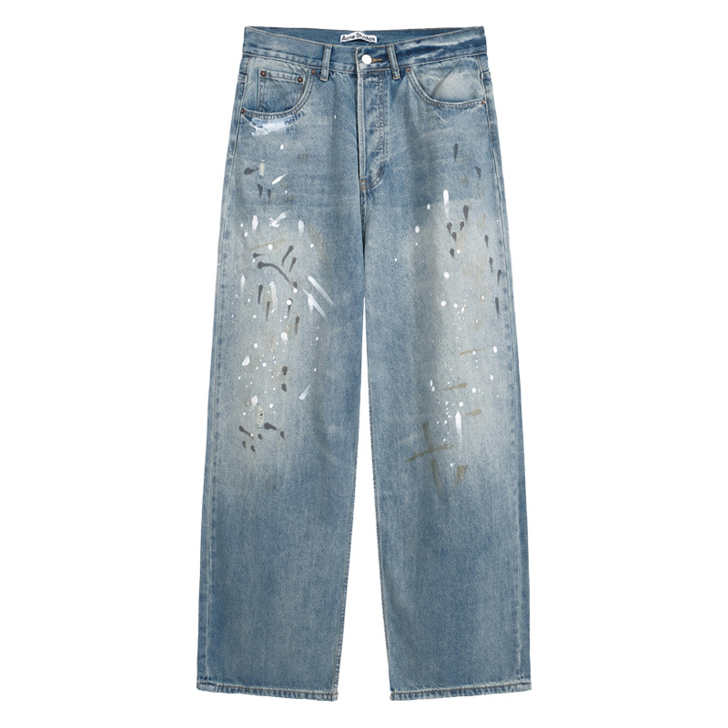 クロスボーダーのトレンディなAC手描きのスプラッシュインクのほつれ加工のウォッシュ加工のダメージ加工のパンツ、男性と女性用、ゆったりと多用途、軽くて豪華なワイドレッグジーンズ