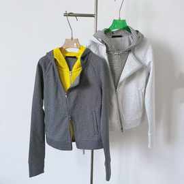 假两件连帽斜襟撞色卫衣 深灰柠黄/浅灰黑灰条纹