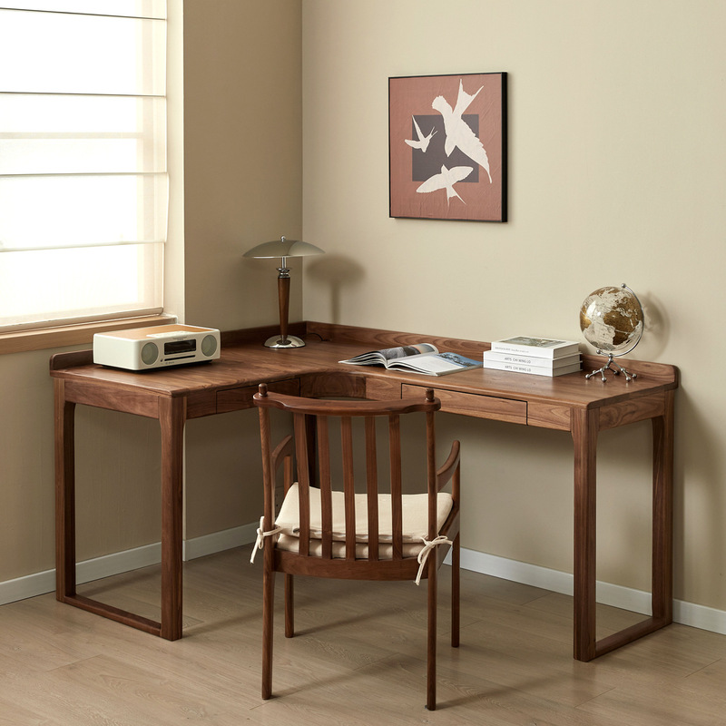 North American Black Walnut Corner Desk, Nordic Solid Cherry Wood Computer Desk with Drawers, Corner Bay Window Table North American Black Walnut Corner Desk, Nordic Solid Cherry Wood Computer Desk with Drawers, Corner Bay Window Table