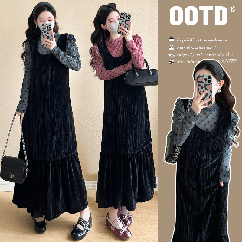 Pregnant Women's Spring Dress dress 2025 Spring and Autumn High-end Temperament Pregnant Mother's Wave Point Vest Dress Fashion Two-piece Set